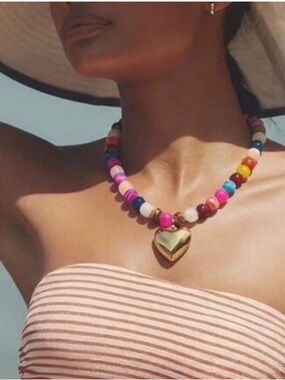 New! Colorful Bead Necklace Gold Heart Pendant | Fun Coastal Boho Jewelry (1039)